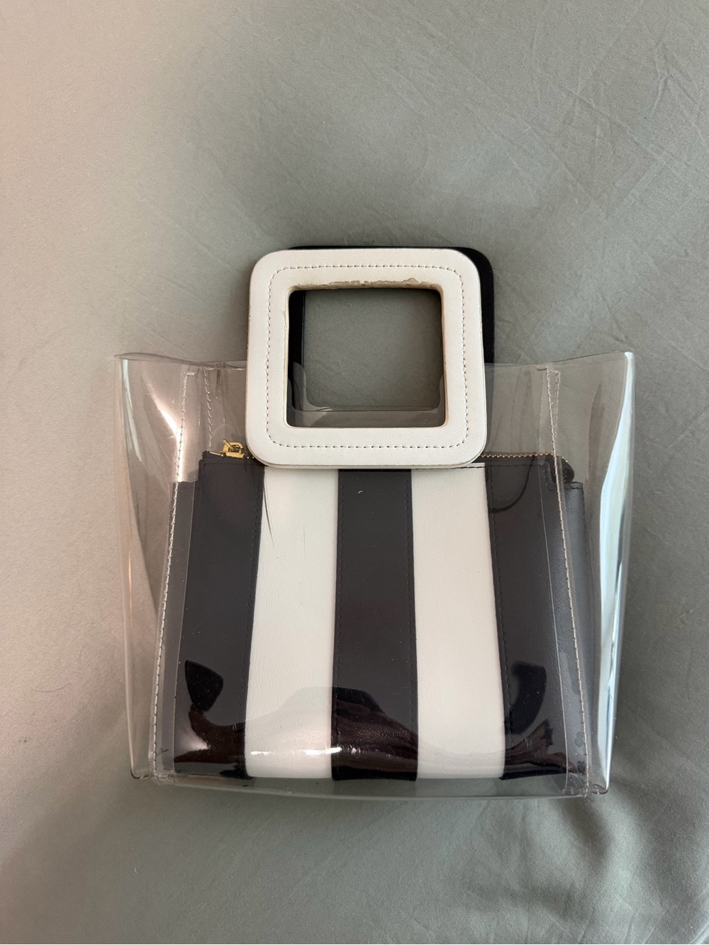 Staud Shirley Bag (Striped Black & White PVC with Square Handle)
